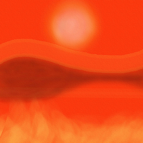 A richly textured painting of a brilliant sun, low in the sky. Below it, the curvaceous rise and fall of a mountain range, the dark reflection of a watercourse offers respite. In the foreground a bright, dusty, swirling heat haze.